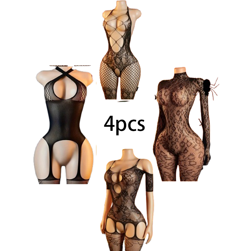 Bodystocking Fishnet - 4-teiliges sexy Dessous-Set: Damen-Netz-Bodystocking/Fischernetz-Bodysuit